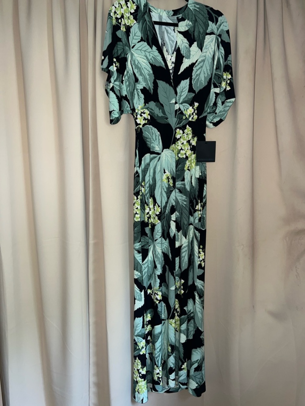 Norma Kamali Black Maxi Dress with Mint and Yellow Leaf Print